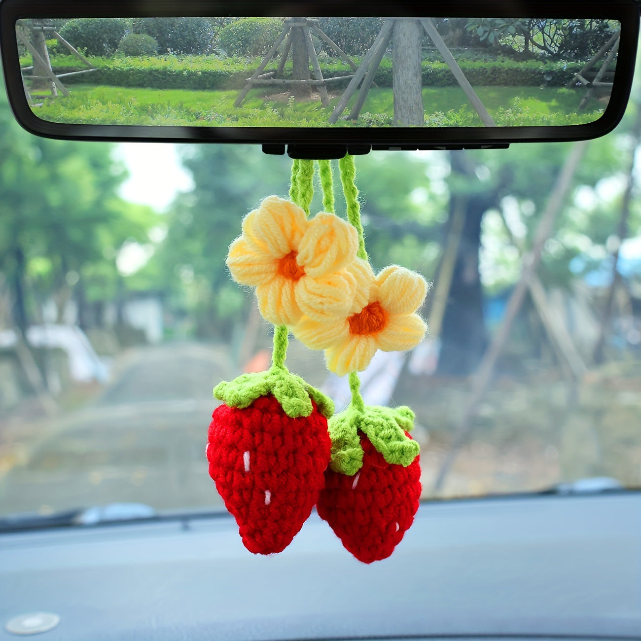 Super Cute Strawberry Fruit Car Decor, Crochet Red/Pink Strawberry Car Hanging Crochet, Car Decor Teens Interior Rear View Mirror for Women