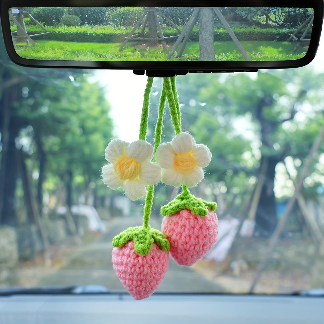 Super Cute Strawberry Fruit Car Decor, Crochet Red/Pink Strawberry Car Hanging Crochet, Car Decor Teens Interior Rear View Mirror for Women