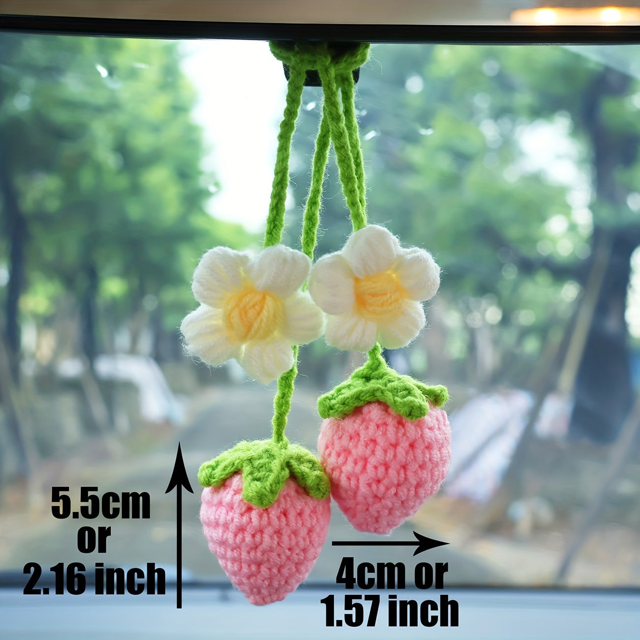 Super Cute Strawberry Fruit Car Decor, Crochet Red/Pink Strawberry Car Hanging Crochet, Car Decor Teens Interior Rear View Mirror for Women
