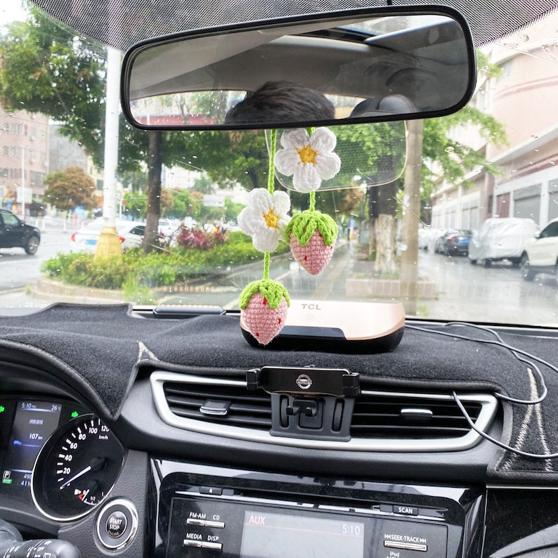 Super Cute Strawberry Fruit Car Decor, Crochet Red/Pink Strawberry Car Hanging Crochet, Car Decor Teens Interior Rear View Mirror for Women