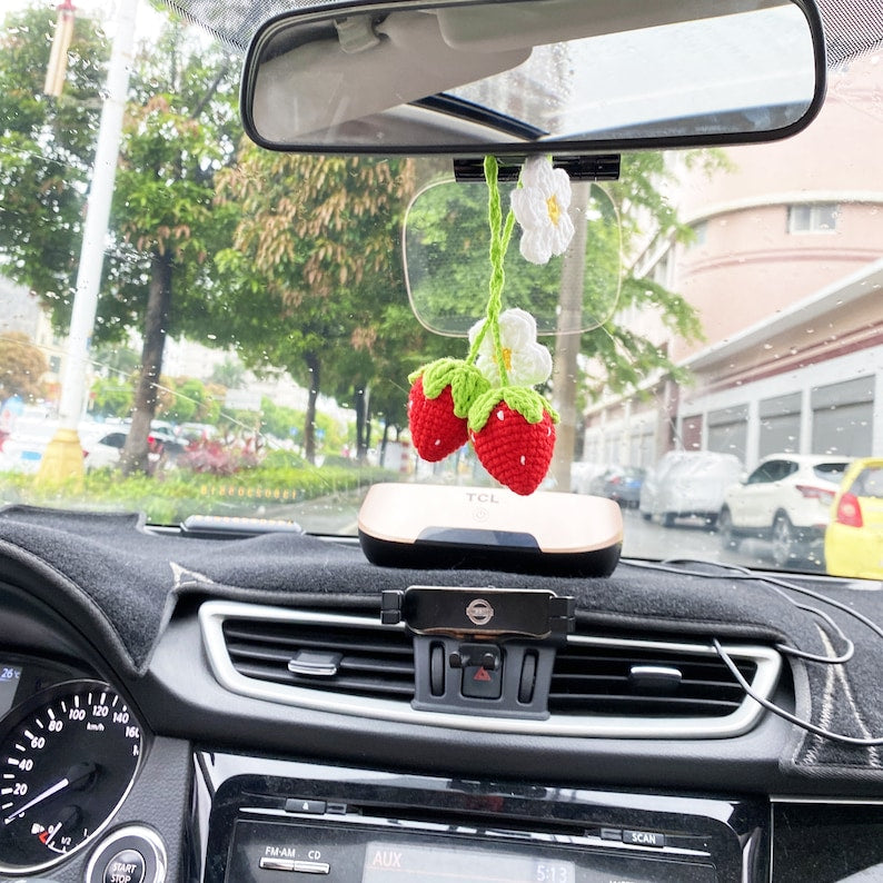 Super Cute Strawberry Fruit Car Decor, Crochet Red/Pink Strawberry Car Hanging Crochet, Car Decor Teens Interior Rear View Mirror for Women