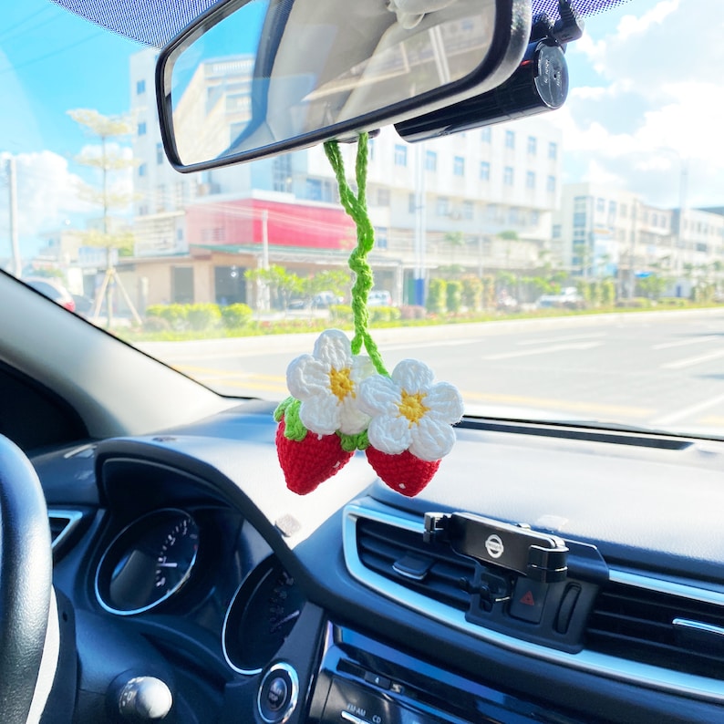 Super Cute Strawberry Fruit Car Decor, Crochet Red/Pink Strawberry Car Hanging Crochet, Car Decor Teens Interior Rear View Mirror for Women