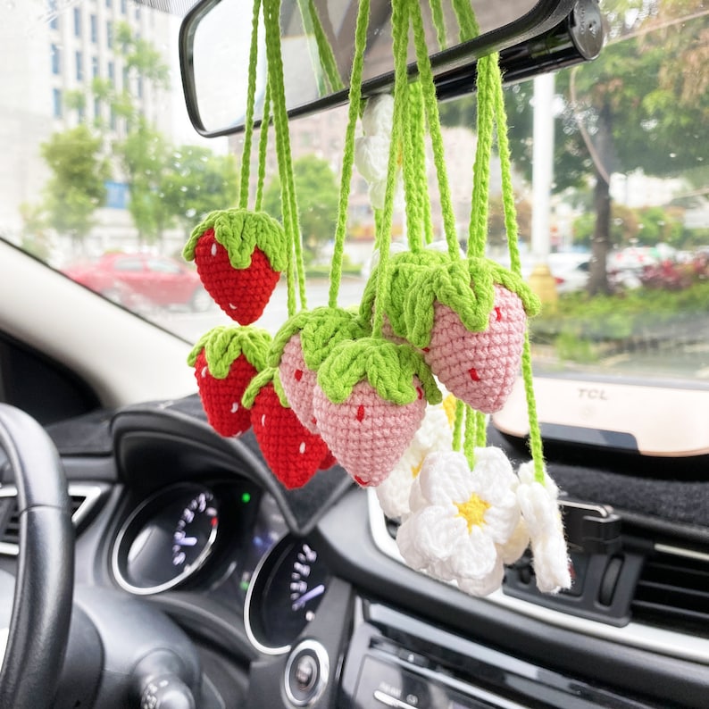 Super Cute Strawberry Fruit Car Decor, Crochet Red/Pink Strawberry Car Hanging Crochet, Car Decor Teens Interior Rear View Mirror for Women