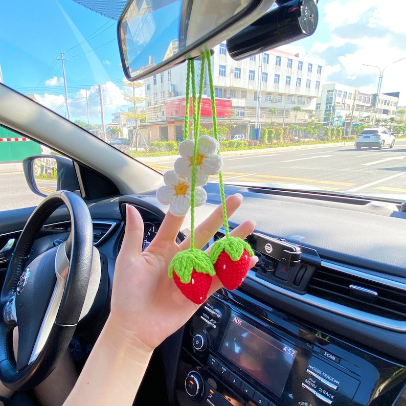 Super Cute Strawberry Fruit Car Decor, Crochet Red/Pink Strawberry Car Hanging Crochet, Car Decor Teens Interior Rear View Mirror for Women