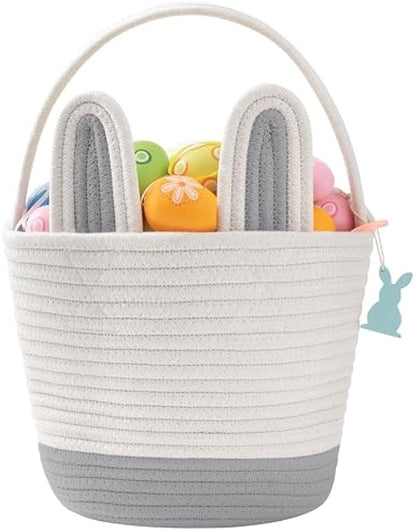 Easter Baskets for Kids - Grey Large Woven Bunny Easter Basket Empty with Handle - Kids Egg Big Personalized Easter Baskets for Boys, Girls, Toddler, Babies, Infant - Easter Gifts