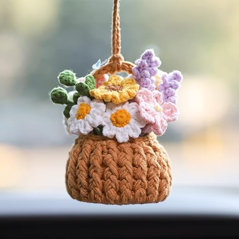 Crochet Flowers Car Hanging Cute Flower Basket Car Mirror Hanging Accessories Interior Rear View Mirror Flower Charm Decor