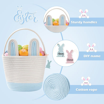 Easter Baskets for Kids - Grey Large Woven Bunny Easter Basket Empty with Handle - Kids Egg Big Personalized Easter Baskets for Boys, Girls, Toddler, Babies, Infant - Easter Gifts