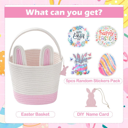 Easter Baskets for Kids - Grey Large Woven Bunny Easter Basket Empty with Handle - Kids Egg Big Personalized Easter Baskets for Boys, Girls, Toddler, Babies, Infant - Easter Gifts