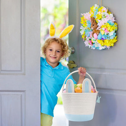 Easter Baskets for Kids - Grey Large Woven Bunny Easter Basket Empty with Handle - Kids Egg Big Personalized Easter Baskets for Boys, Girls, Toddler, Babies, Infant - Easter Gifts