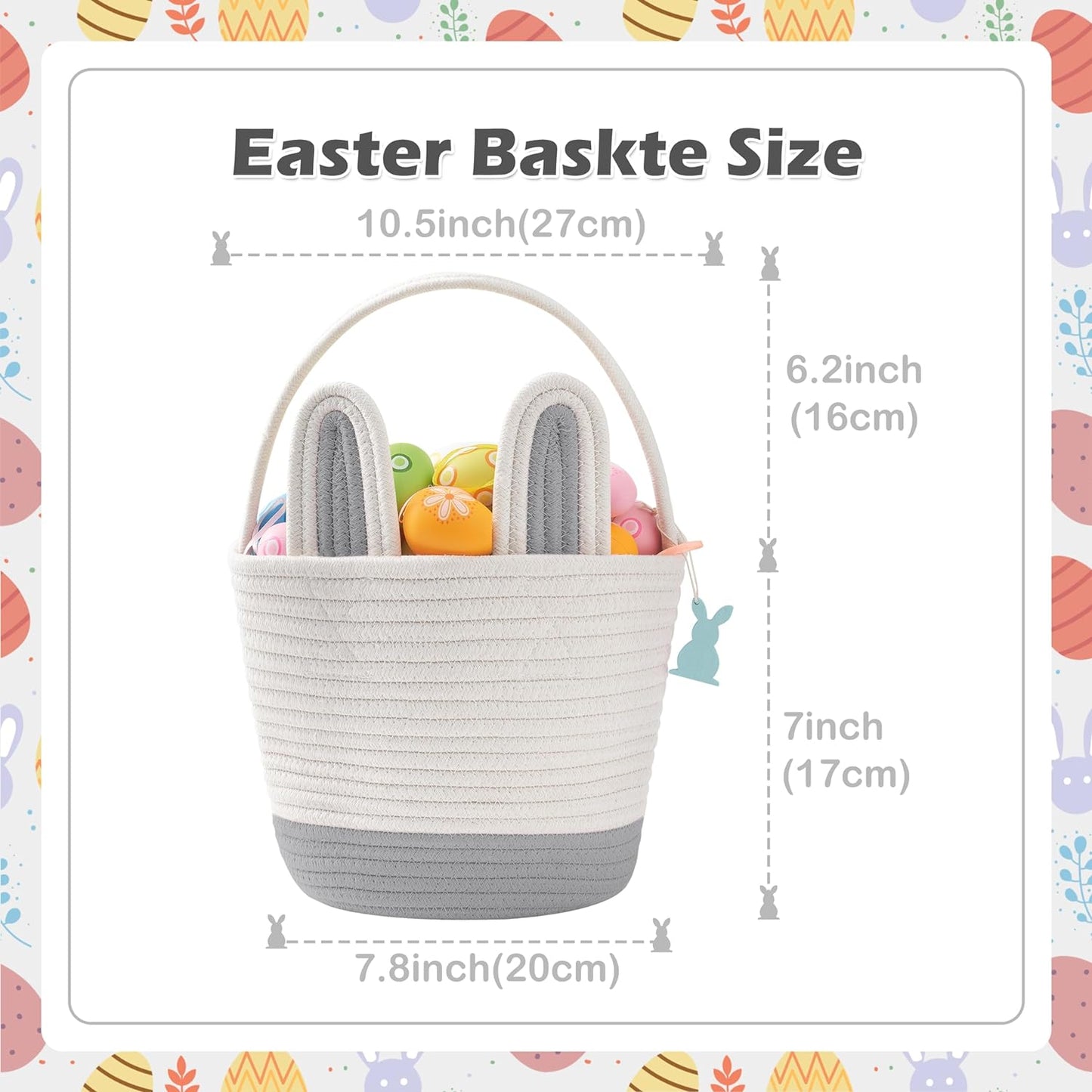 Easter Baskets for Kids - Grey Large Woven Bunny Easter Basket Empty with Handle - Kids Egg Big Personalized Easter Baskets for Boys, Girls, Toddler, Babies, Infant - Easter Gifts