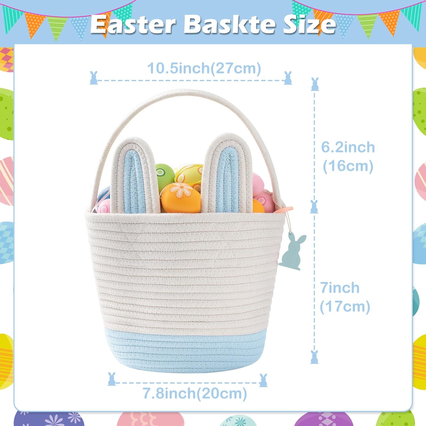 Easter Baskets for Kids - Grey Large Woven Bunny Easter Basket Empty with Handle - Kids Egg Big Personalized Easter Baskets for Boys, Girls, Toddler, Babies, Infant - Easter Gifts