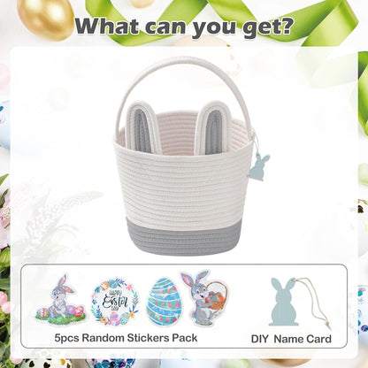 Easter Baskets for Kids - Grey Large Woven Bunny Easter Basket Empty with Handle - Kids Egg Big Personalized Easter Baskets for Boys, Girls, Toddler, Babies, Infant - Easter Gifts