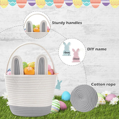 Easter Baskets for Kids - Grey Large Woven Bunny Easter Basket Empty with Handle - Kids Egg Big Personalized Easter Baskets for Boys, Girls, Toddler, Babies, Infant - Easter Gifts