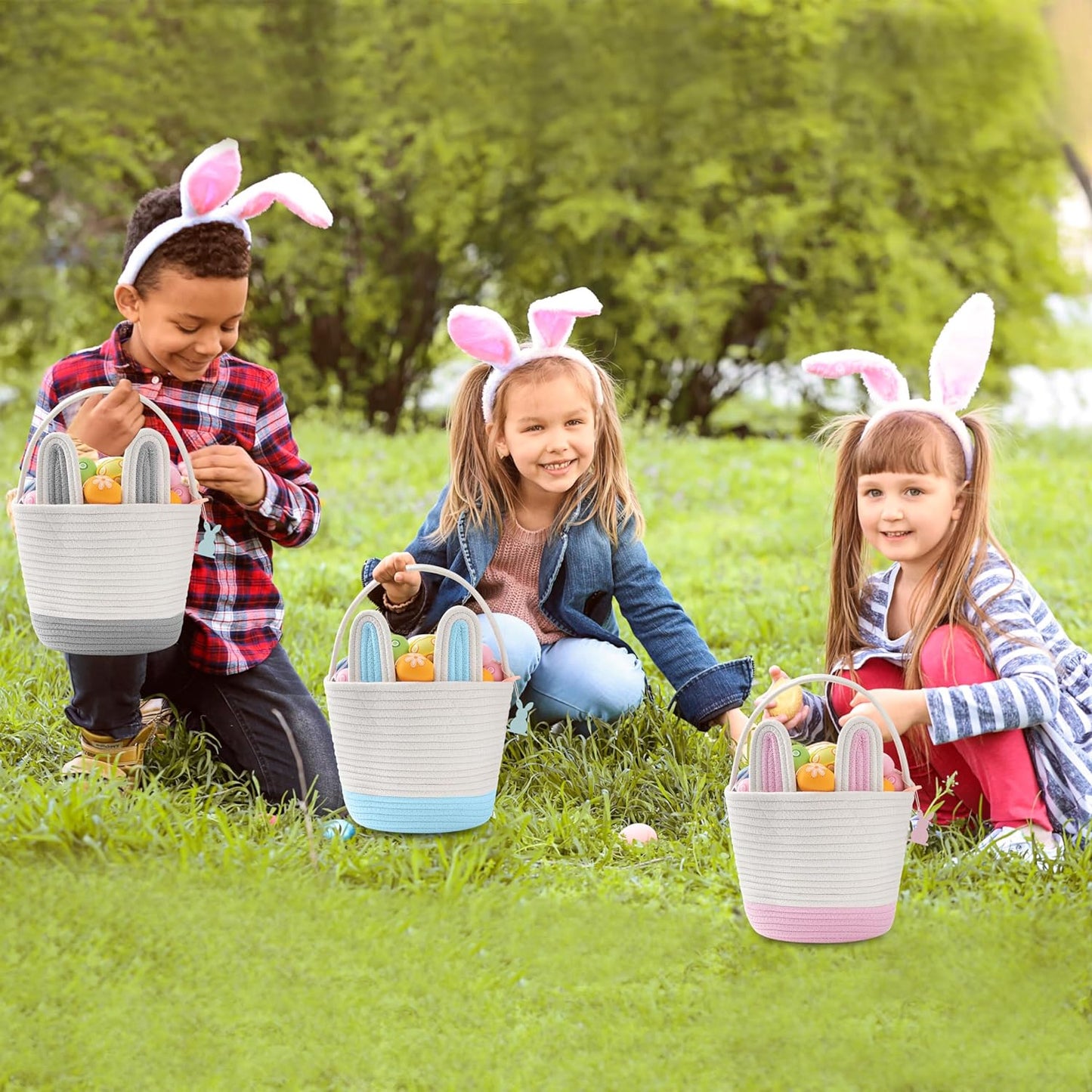 Easter Baskets for Kids - Grey Large Woven Bunny Easter Basket Empty with Handle - Kids Egg Big Personalized Easter Baskets for Boys, Girls, Toddler, Babies, Infant - Easter Gifts