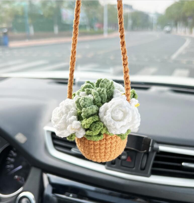 Crochet Flowers Car Hanging Cute Flower Basket Car Mirror Hanging Accessories Interior Rear View Mirror Flower Charm Decor