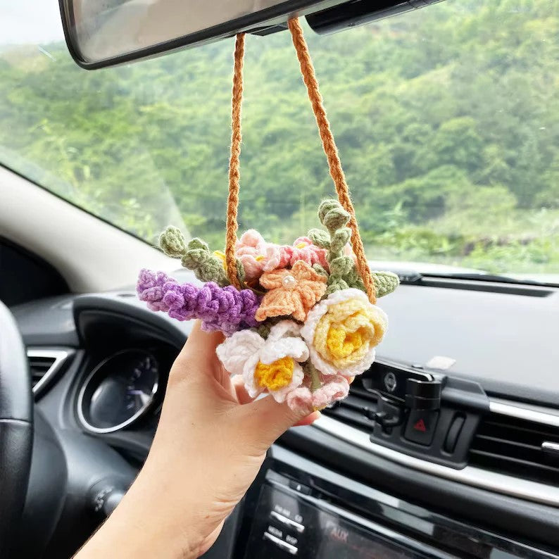 Crochet Flowers Car Hanging Cute Flower Basket Car Mirror Hanging Accessories Interior Rear View Mirror Flower Charm Decor