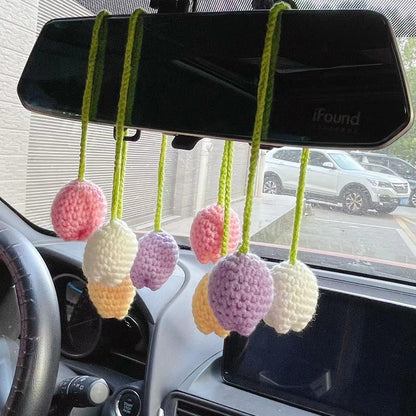 Simulated Plants Crochet Rear View Mirror Accessories, Swinging Mushroom Car Hanging Ornament Cute Women Interior Car Decor Charms