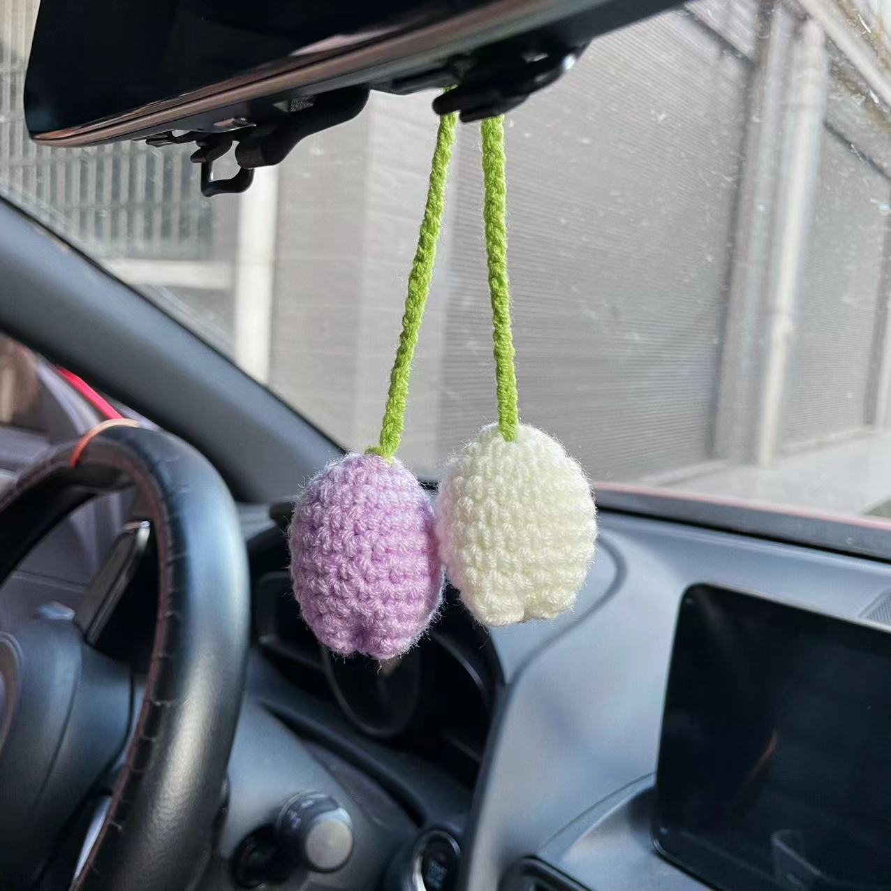 Simulated Plants Crochet Rear View Mirror Accessories, Swinging Mushroom Car Hanging Ornament Cute Women Interior Car Decor Charms