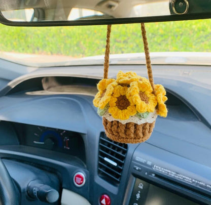 Crochet Flowers Car Hanging Cute Flower Basket Car Mirror Hanging Accessories Interior Rear View Mirror Flower Charm Decor