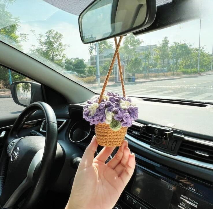 Crochet Flowers Car Hanging Cute Flower Basket Car Mirror Hanging Accessories Interior Rear View Mirror Flower Charm Decor