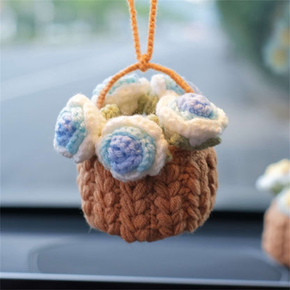 Crochet Flowers Car Hanging Cute Flower Basket Car Mirror Hanging Accessories Interior Rear View Mirror Flower Charm Decor