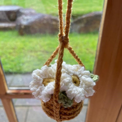 Crochet Flowers Car Hanging Cute Flower Basket Car Mirror Hanging Accessories Interior Rear View Mirror Flower Charm Decor