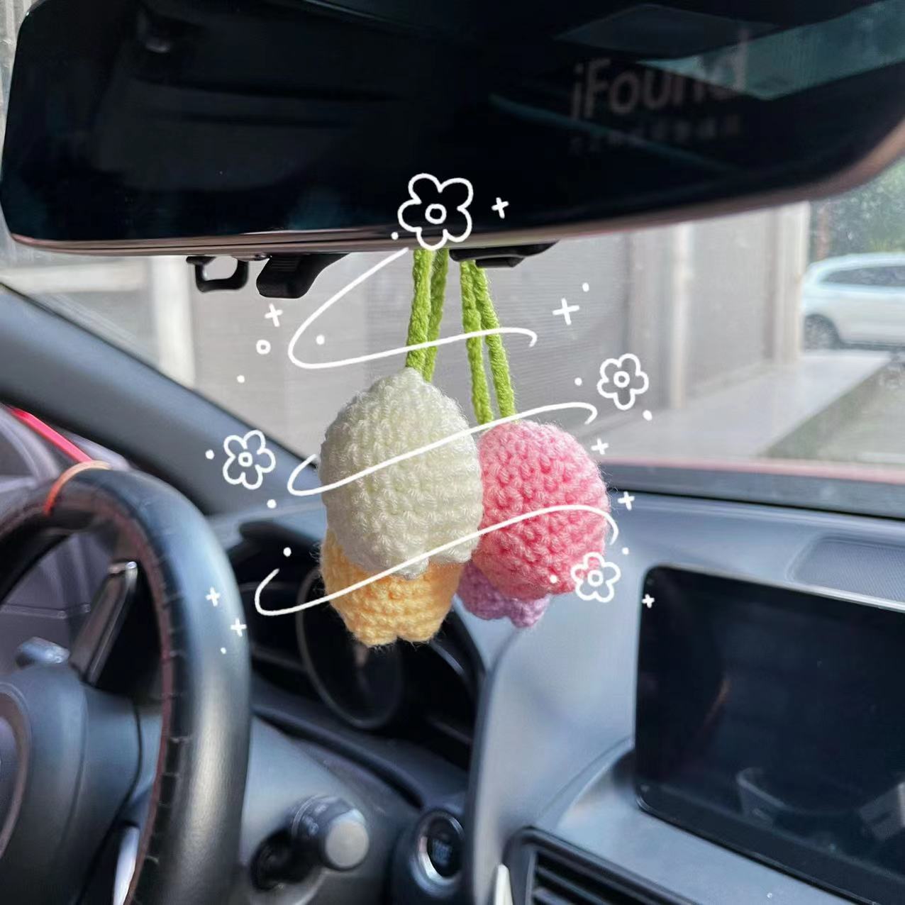 Simulated Plants Crochet Rear View Mirror Accessories, Swinging Mushroom Car Hanging Ornament Cute Women Interior Car Decor Charms