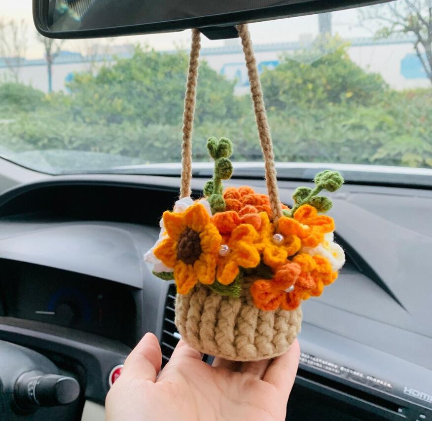 Crochet Flowers Car Hanging Cute Flower Basket Car Mirror Hanging Accessories Interior Rear View Mirror Flower Charm Decor