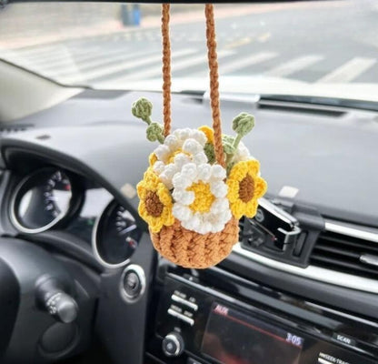 Crochet Flowers Car Hanging Cute Flower Basket Car Mirror Hanging Accessories Interior Rear View Mirror Flower Charm Decor