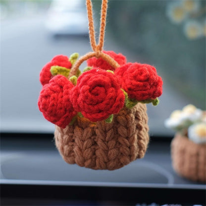 Crochet Flowers Car Hanging Cute Flower Basket Car Mirror Hanging Accessories Interior Rear View Mirror Flower Charm Decor