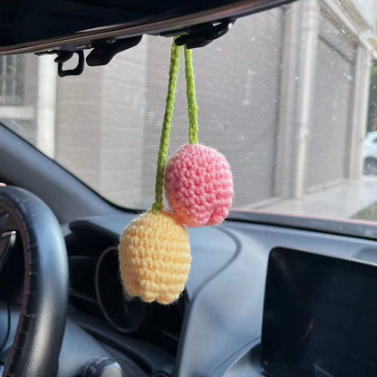 Simulated Plants Crochet Rear View Mirror Accessories, Swinging Mushroom Car Hanging Ornament Cute Women Interior Car Decor Charms