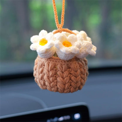 Crochet Flowers Car Hanging Cute Flower Basket Car Mirror Hanging Accessories Interior Rear View Mirror Flower Charm Decor