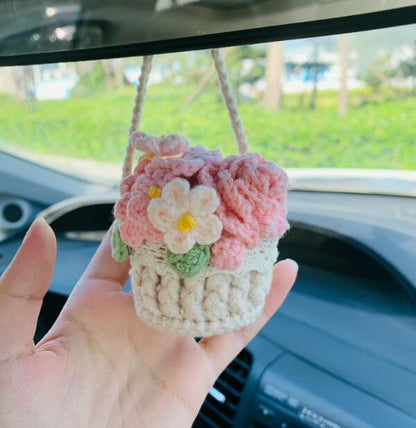 Crochet Flowers Car Hanging Cute Flower Basket Car Mirror Hanging Accessories Interior Rear View Mirror Flower Charm Decor