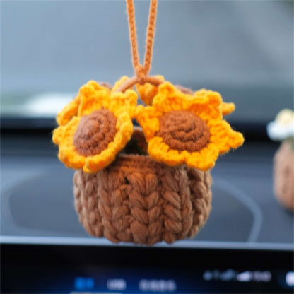 Crochet Flowers Car Hanging Cute Flower Basket Car Mirror Hanging Accessories Interior Rear View Mirror Flower Charm Decor