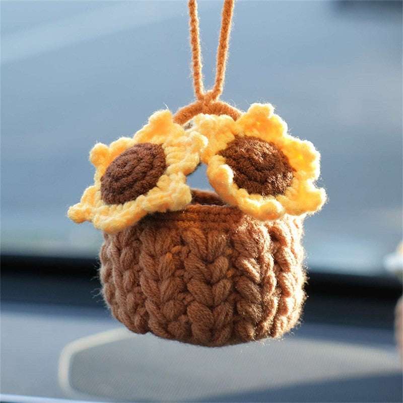 Crochet Flowers Car Hanging Cute Flower Basket Car Mirror Hanging Accessories Interior Rear View Mirror Flower Charm Decor