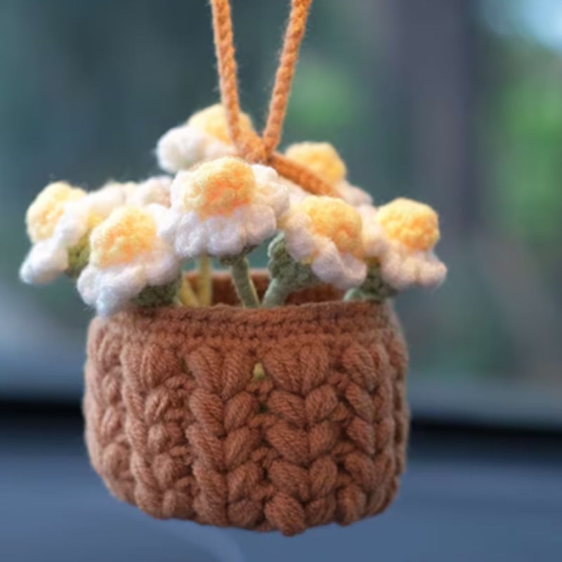 Crochet Flowers Car Hanging Cute Flower Basket Car Mirror Hanging Accessories Interior Rear View Mirror Flower Charm Decor