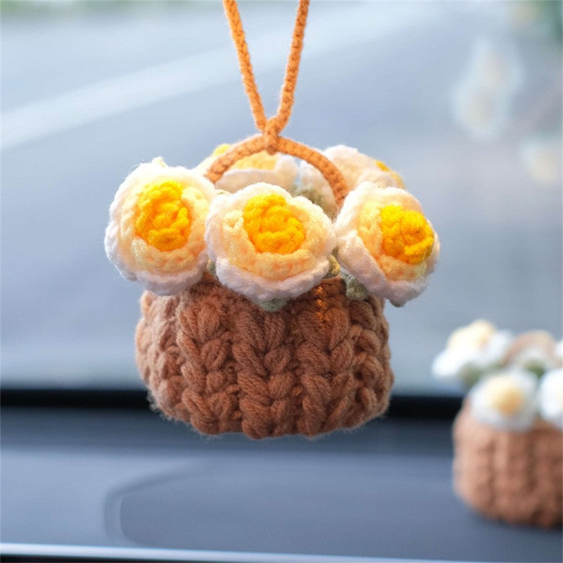 Crochet Flowers Car Hanging Cute Flower Basket Car Mirror Hanging Accessories Interior Rear View Mirror Flower Charm Decor