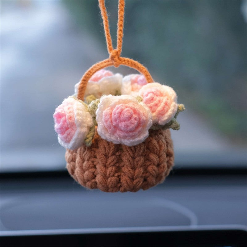 Crochet Flowers Car Hanging Cute Flower Basket Car Mirror Hanging Accessories Interior Rear View Mirror Flower Charm Decor