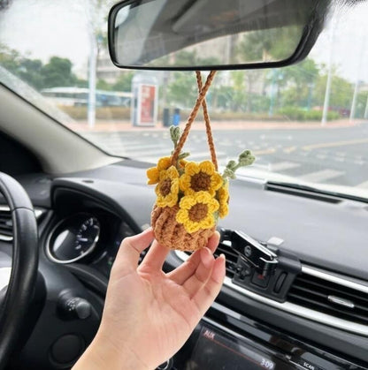 Crochet Flowers Car Hanging Cute Flower Basket Car Mirror Hanging Accessories Interior Rear View Mirror Flower Charm Decor