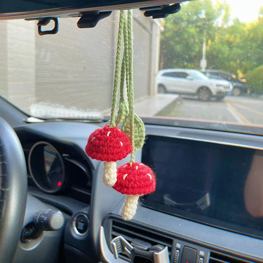 Simulated Plants Crochet Rear View Mirror Accessories, Swinging Mushroom Car Hanging Ornament Cute Women Interior Car Decor Charms