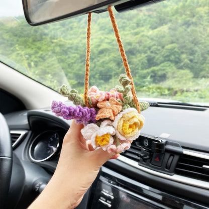 Crochet Flowers Car Hanging Cute Flower Basket Car Mirror Hanging Accessories Interior Rear View Mirror Flower Charm Decor