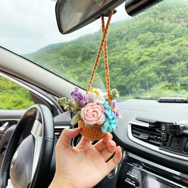 Crochet Flowers Car Hanging Cute Flower Basket Car Mirror Hanging Accessories Interior Rear View Mirror Flower Charm Decor