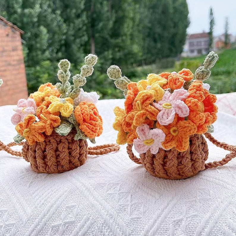 Crochet Flowers Car Hanging Cute Flower Basket Car Mirror Hanging Accessories Interior Rear View Mirror Flower Charm Decor