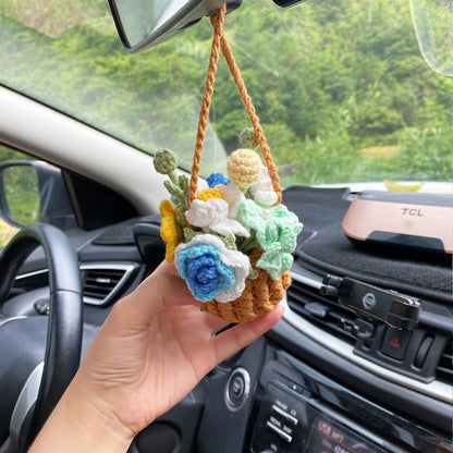 Crochet Flowers Car Hanging Cute Flower Basket Car Mirror Hanging Accessories Interior Rear View Mirror Flower Charm Decor