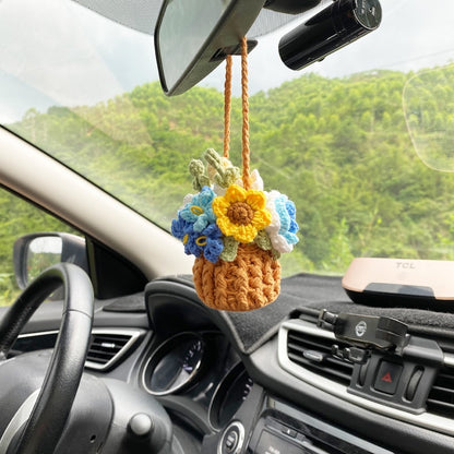 Crochet Flowers Car Hanging Cute Flower Basket Car Mirror Hanging Accessories Interior Rear View Mirror Flower Charm Decor