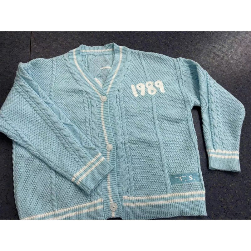 1989 Version Embroidered Cardigan Sweater, Valentine Gifts for Swifties Oversized Blue Knitted Cardigan