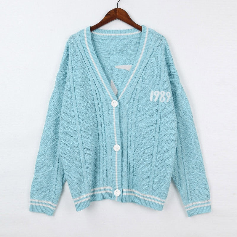 1989 Version Embroidered Cardigan Sweater, Valentine Gifts for Swifties Oversized Blue Knitted Cardigan