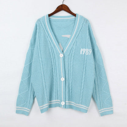 1989 Version Embroidered Cardigan Sweater, Valentine Gifts for Swifties Oversized Blue Knitted Cardigan