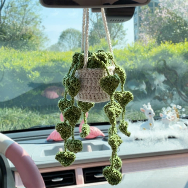 Car Handmade Crochet Plant Pendant Hanging Basket Charm Rear View