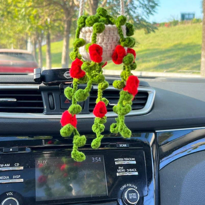 Boho Car Plant Crochet Hanging Basket, Cute Car Accessories for
